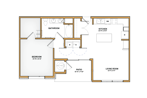 Floor plan for 1 bed, 1 bath, 756 sqft